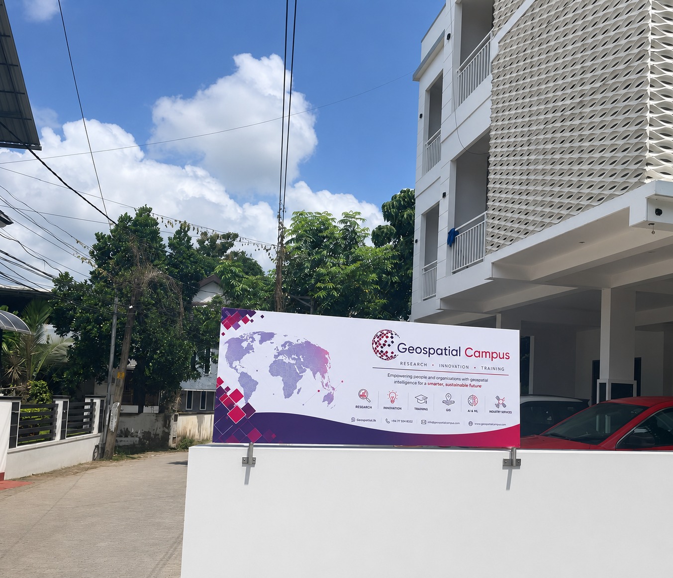 Geospatial Campus signboard outside the building at 16/4516 VSNL Road, Kakkanad, Kochi.